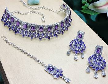 Blue rhodium premium designer american diamond and stone work necklace set 3