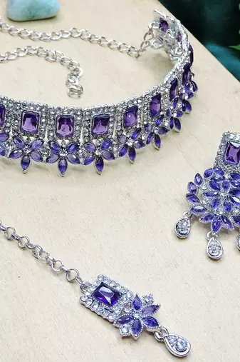 Blue rhodium premium designer american diamond and stone work necklace set