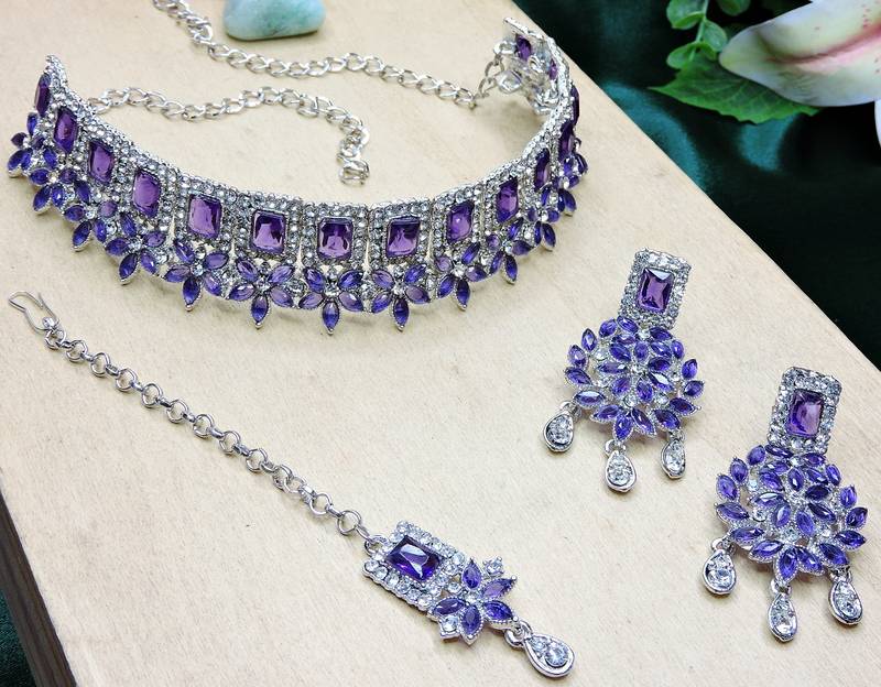 Blue rhodium premium designer american diamond and stone work necklace set