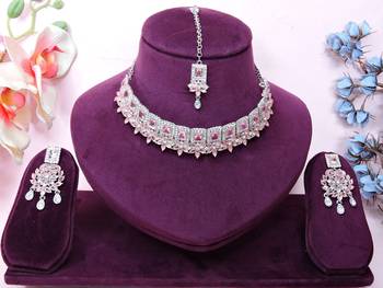 Pink rhodium premium designer american diamond and stone work necklace set 1