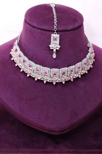 Pink rhodium premium designer american diamond and stone work necklace set