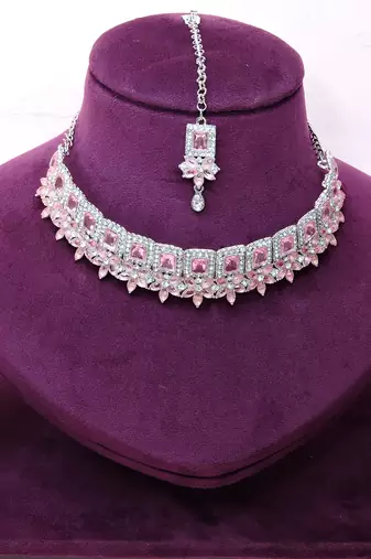 Pink rhodium premium designer american diamond and stone work necklace set