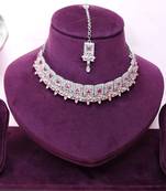 Pink rhodium premium designer american diamond and stone work necklace set