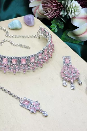 Pink rhodium premium designer american diamond and stone work necklace set
