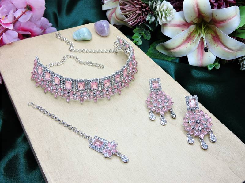Pink rhodium premium designer american diamond and stone work necklace set