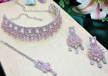 Pink rhodium premium designer american diamond and stone work necklace set 3