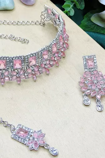 Pink rhodium premium designer american diamond and stone work necklace set