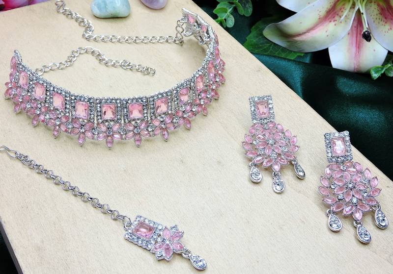 Pink rhodium premium designer american diamond and stone work necklace set