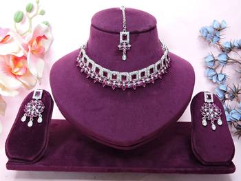 Purple rhodium premium designer american diamond and stone work necklace set 1