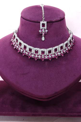 Purple rhodium premium designer american diamond and stone work necklace set