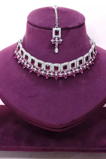 Purple rhodium premium designer american diamond and stone work necklace set