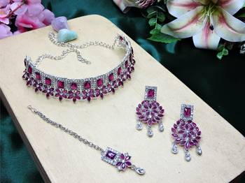 Purple rhodium premium designer american diamond and stone work necklace set 2