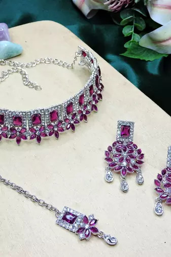 Purple rhodium premium designer american diamond and stone work necklace set