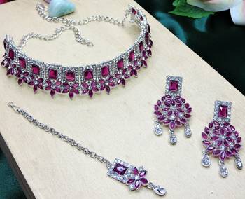 Purple rhodium premium designer american diamond and stone work necklace set 3