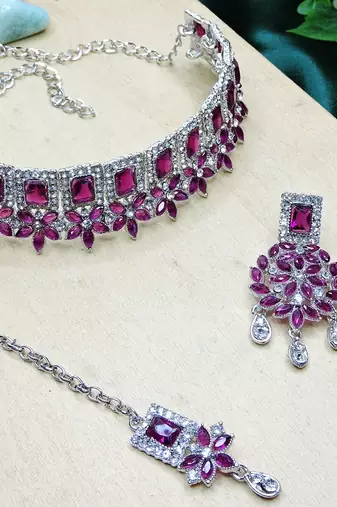 Purple rhodium premium designer american diamond and stone work necklace set