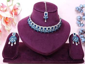 Blue rhodium premium designer american diamond and stone work necklace set 1