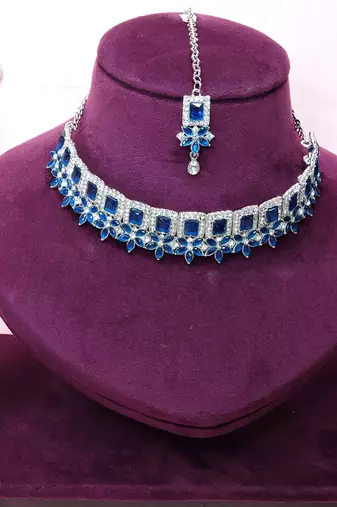 Blue rhodium premium designer american diamond and stone work necklace set