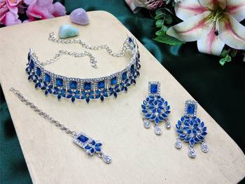 Blue rhodium premium designer american diamond and stone work necklace set 2