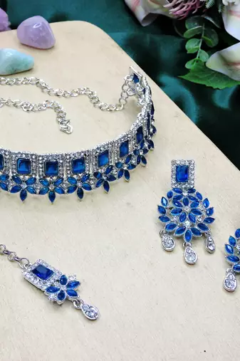 Blue rhodium premium designer american diamond and stone work necklace set