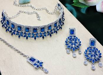 Blue rhodium premium designer american diamond and stone work necklace set 3