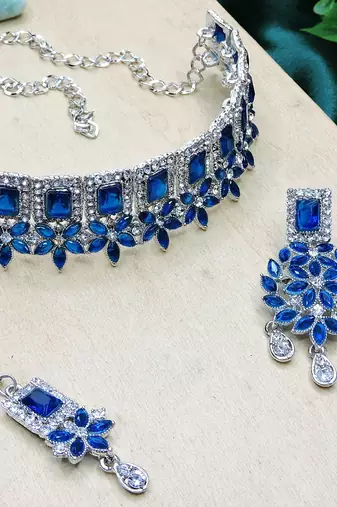 Blue rhodium premium designer american diamond and stone work necklace set