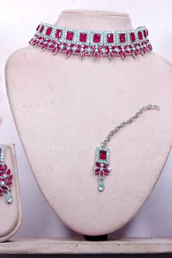 Pink rhodium premium designer american diamond and stone work necklace set