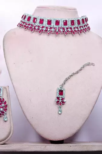 Pink rhodium premium designer american diamond and stone work necklace set