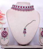 Pink rhodium premium designer american diamond and stone work necklace set
