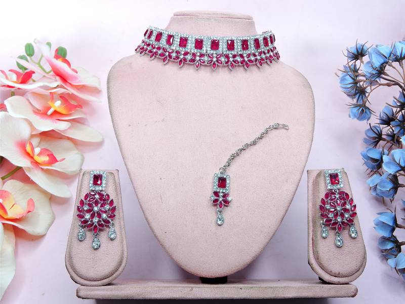 Pink rhodium premium designer american diamond and stone work necklace set