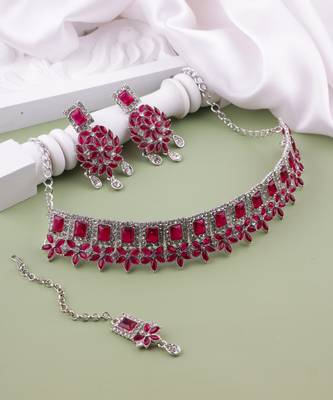 Pink rhodium premium designer american diamond and stone work necklace set 2