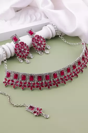 Pink rhodium premium designer american diamond and stone work necklace set