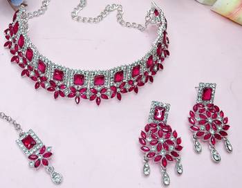 Pink rhodium premium designer american diamond and stone work necklace set 3