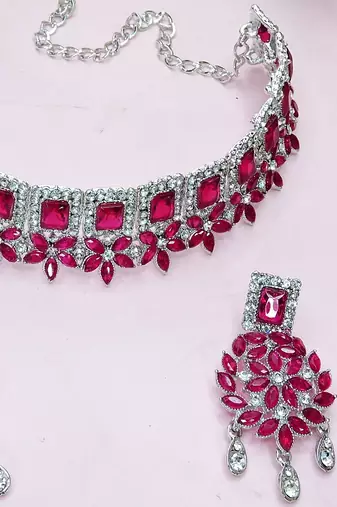Pink rhodium premium designer american diamond and stone work necklace set