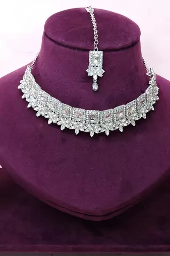 White rhodium premium designer american diamond and stone work necklace set