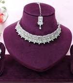 White rhodium premium designer american diamond and stone work necklace set