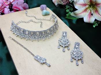 White rhodium premium designer american diamond and stone work necklace set 2