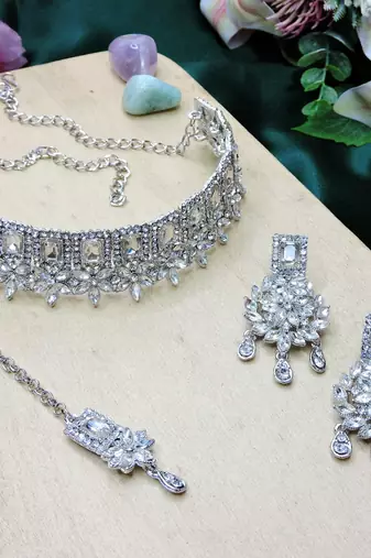 White rhodium premium designer american diamond and stone work necklace set