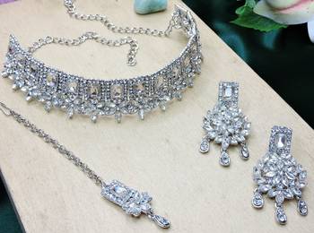White rhodium premium designer american diamond and stone work necklace set 3