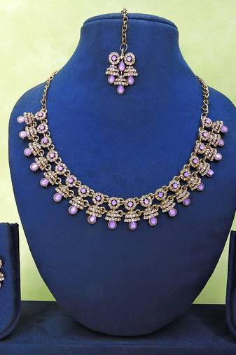 Purple yellow gold premium designer american diamond and stone work necklace set