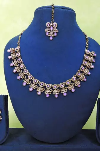 Purple yellow gold premium designer american diamond and stone work necklace set