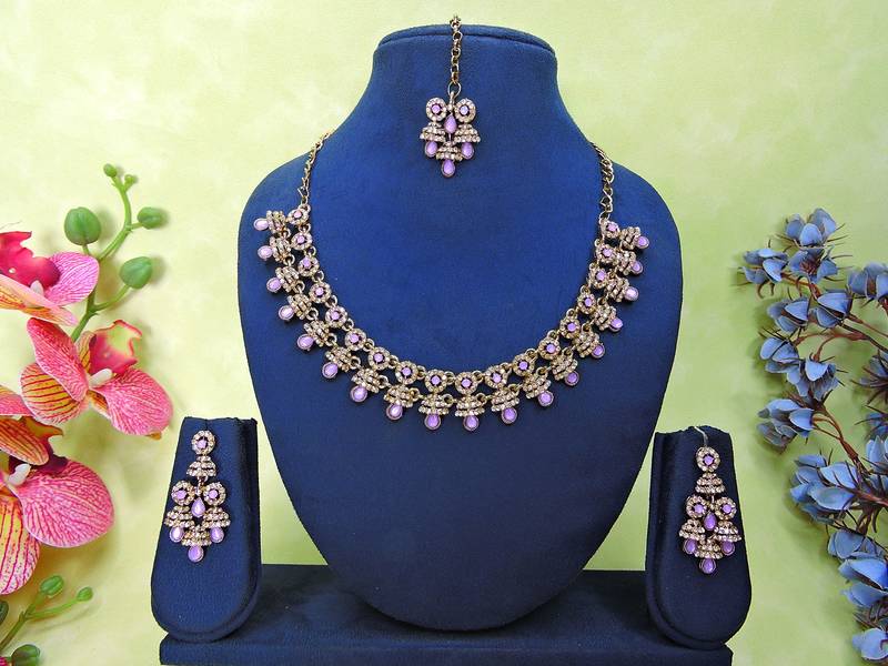 Purple yellow gold premium designer american diamond and stone work necklace set