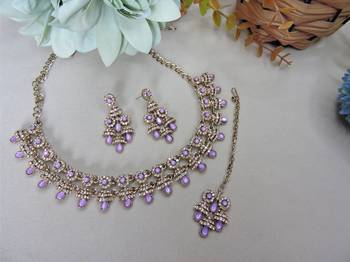 Purple yellow gold premium designer american diamond and stone work necklace set 2
