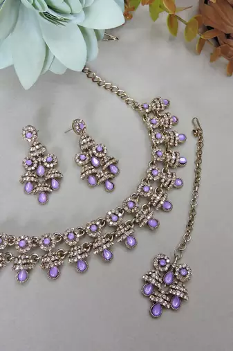 Purple yellow gold premium designer american diamond and stone work necklace set