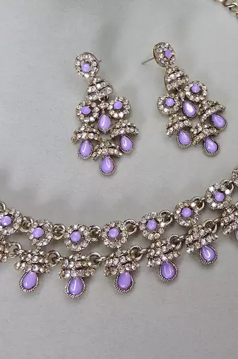 Purple yellow gold premium designer american diamond and stone work necklace set
