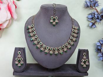 Green yellow gold premium designer american diamond and stone work necklace set 1