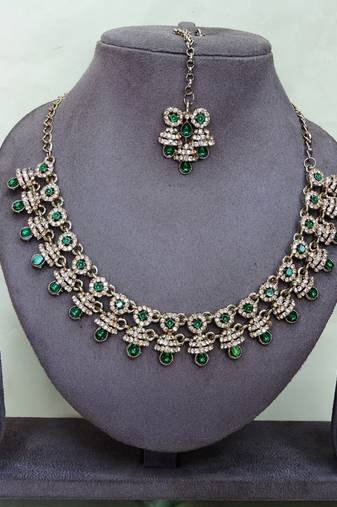 Green yellow gold premium designer american diamond and stone work necklace set