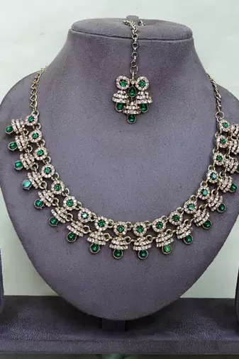 Green yellow gold premium designer american diamond and stone work necklace set