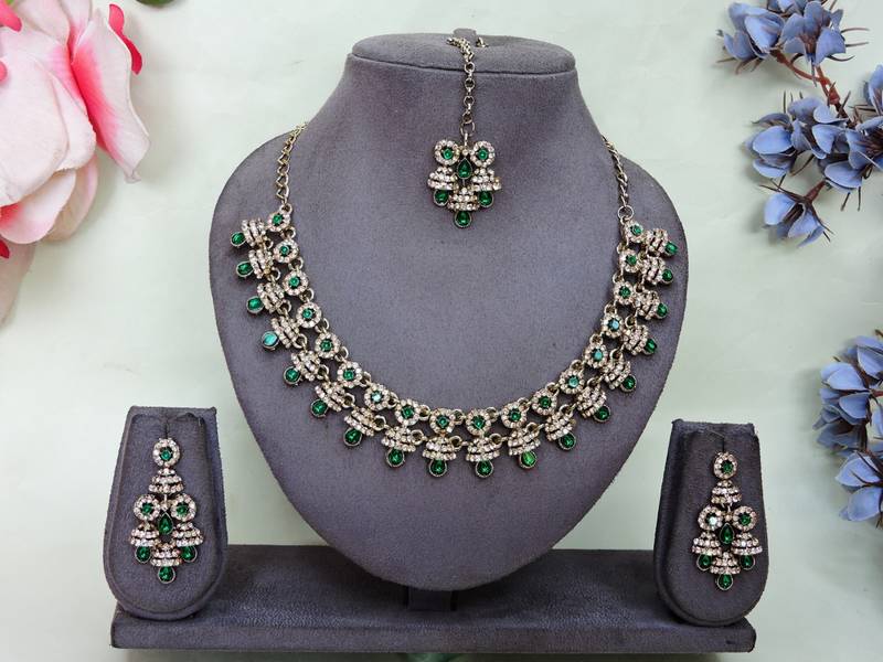 Green yellow gold premium designer american diamond and stone work necklace set