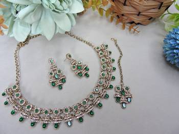 Green yellow gold premium designer american diamond and stone work necklace set 2