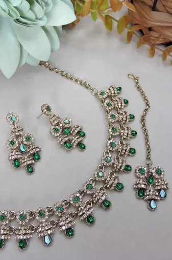 Green yellow gold premium designer american diamond and stone work necklace set
